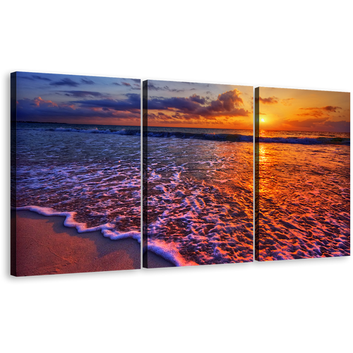 Cloudy Sunset Canvas Wall Art, Blue Orange Ocean Beach 3 Piece Canvas Set, Ocean Wave Canvas Print