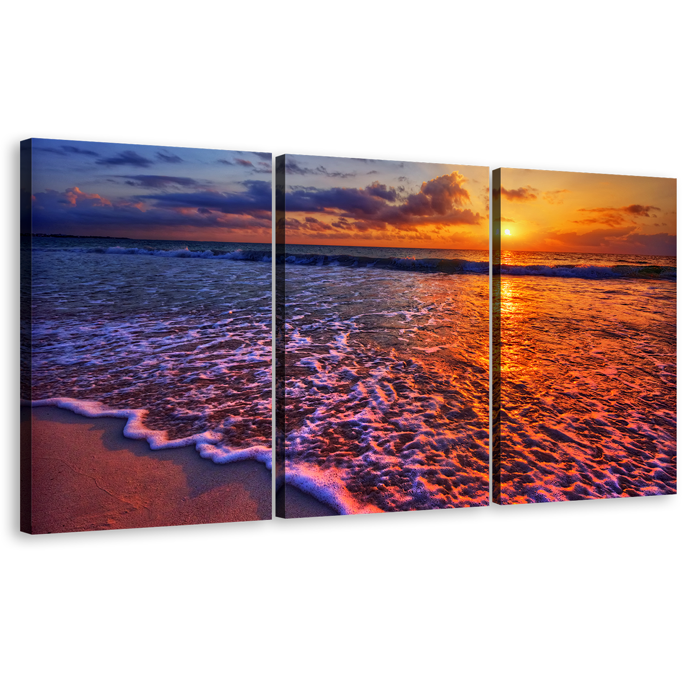 Cloudy Sunset Canvas Wall Art, Blue Orange Ocean Beach 3 Piece Canvas Set, Ocean Wave Canvas Print