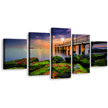 Load image into Gallery viewer, Cloudy Sunset Canvas Wall Art, Blue Sky Pier Seascape 5 Piece Multi Canvas Artwork, Sea Green Boulders Canvas Print
