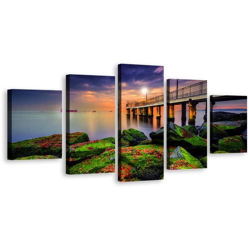 Cloudy Sunset Canvas Wall Art, Blue Sky Pier Seascape 5 Piece Multi Canvas Artwork, Sea Green Boulders Canvas Print