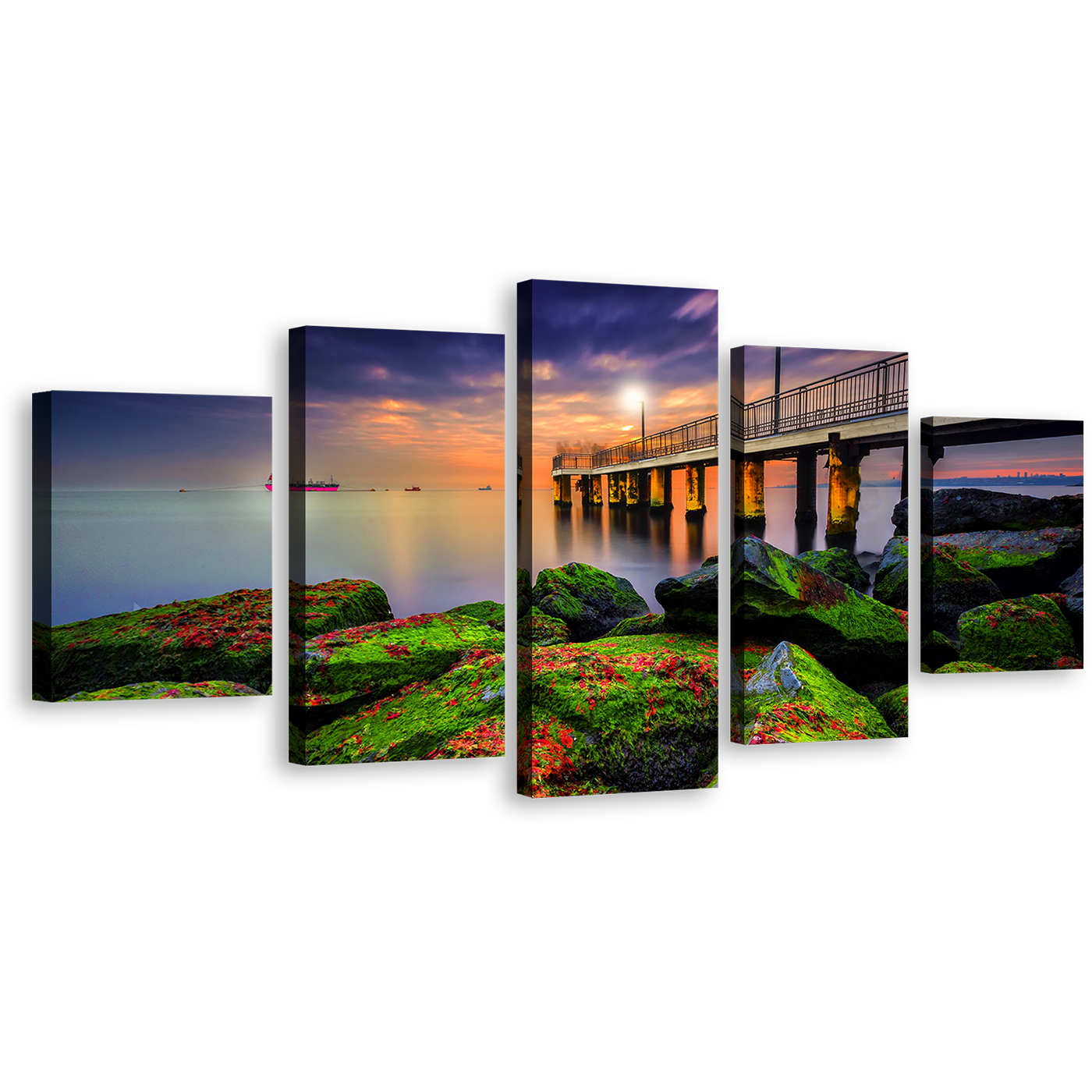 Cloudy Sunset Canvas Wall Art, Blue Sky Pier Seascape 5 Piece Multi Canvas Artwork, Sea Green Boulders Canvas Print