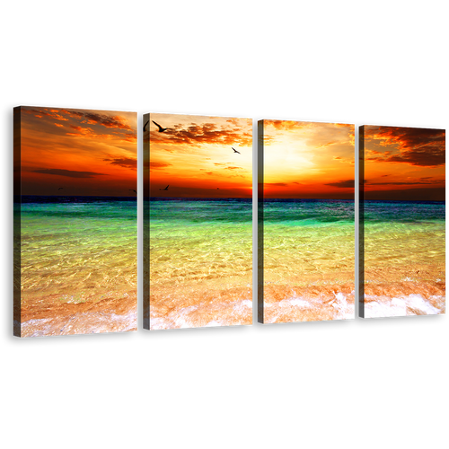 Cloudy Sunset Canvas Wall Art, Orange Ocean Sky Canvas Set, Beautiful Sea Green Ocean 4 Piece Canvas Print