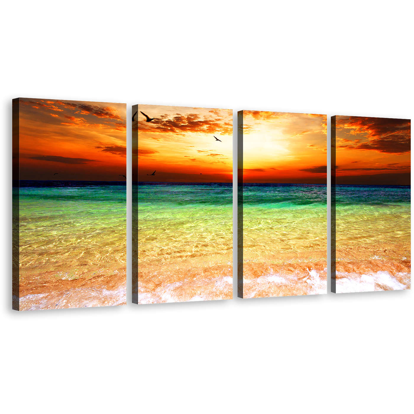 Cloudy Sunset Canvas Wall Art, Orange Ocean Sky Canvas Set, Beautiful Sea Green Ocean 4 Piece Canvas Print