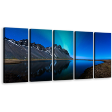 Load image into Gallery viewer, Coast Mountain Canvas Print, Blue Northern Light Lake Multiple Canvas, Grey Mountain Water Reflection 5 Piece Canvas Wall Art
