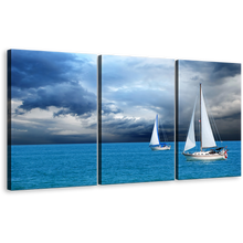 Load image into Gallery viewer, Coastal Breeze Wall Art, White Sailing Boats Seascape 3 Piece Set, Dramatic Cloudy Blue Ocean Canvas Print
