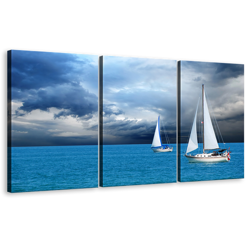 Coastal Breeze Wall Art, White Sailing Boats Seascape 3 Piece Set, Dramatic Cloudy Blue Ocean Canvas Print