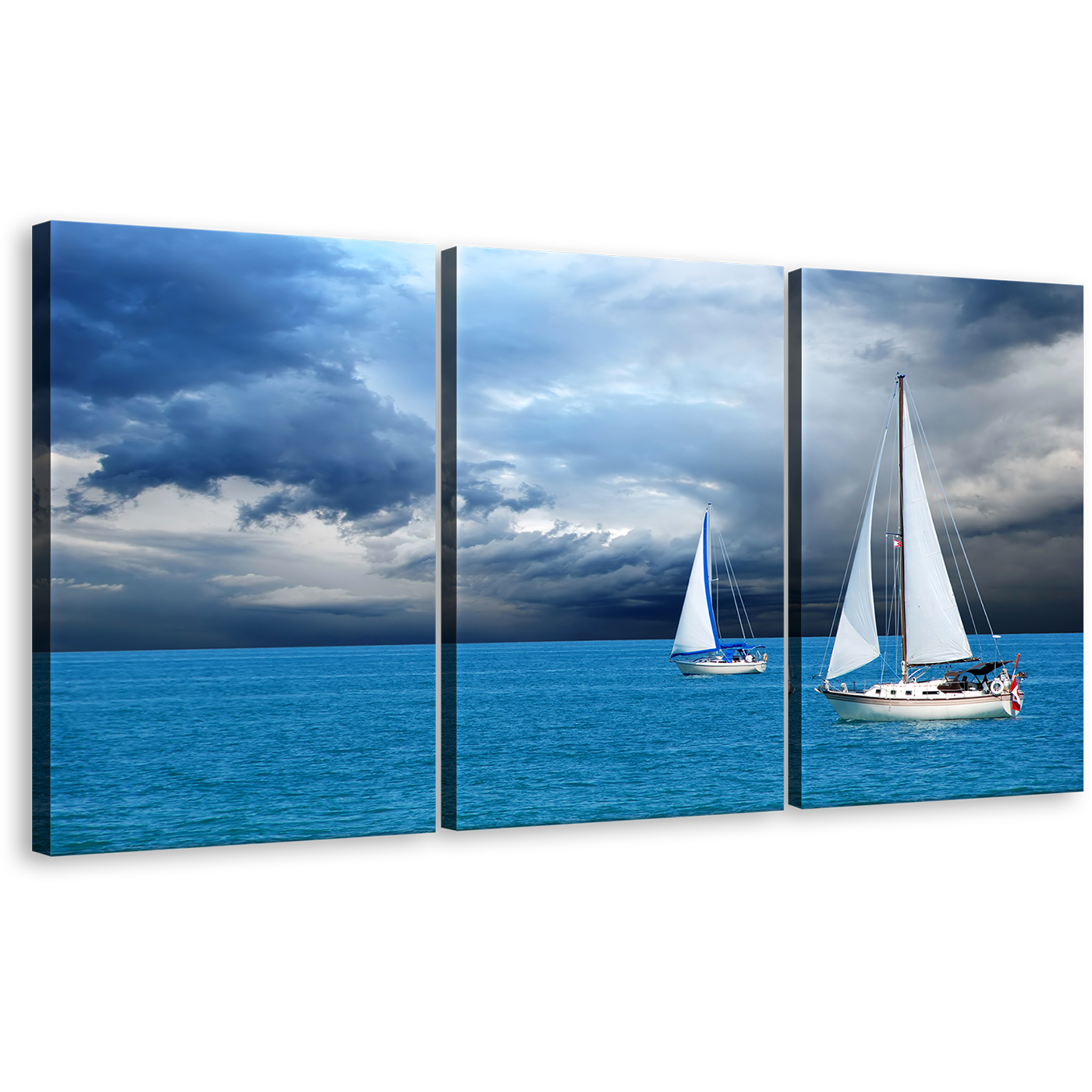 Coastal Breeze Wall Art, White Sailing Boats Seascape 3 Piece Set, Dramatic Cloudy Blue Ocean Canvas Print