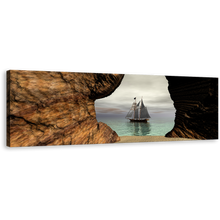 Load image into Gallery viewer, Coastal Hideaway Wall Art, Tranquil Sea Cave Under Grey Sky Canvas Print, Brown Landscape Boat Ship 1 Piece Canvas Art
