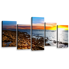 Load image into Gallery viewer, Coastal Horizon Wall Art, Tranquil Stony Beach Under Cloudy Sky Canvas Multi-panel Print, Orange Yellow Sunset Sea 5 Piece Canvas Set
