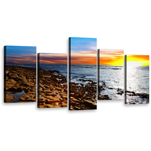 Coastal Horizon Wall Art, Tranquil Stony Beach Under Cloudy Sky Canvas Multi-panel Print, Orange Yellow Sunset Sea 5 Piece Canvas Set