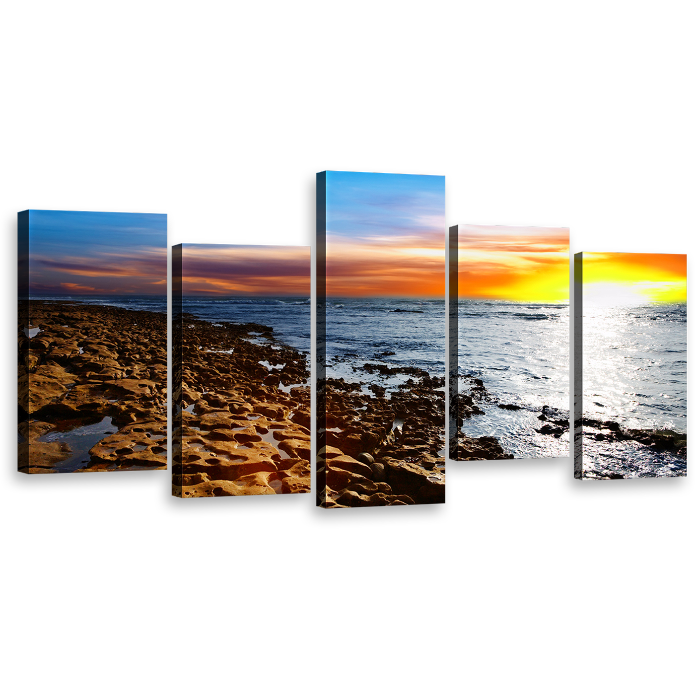 Coastal Horizon Wall Art, Tranquil Stony Beach Under Cloudy Sky Canvas Multi-panel Print, Orange Yellow Sunset Sea 5 Piece Canvas Set