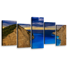 Load image into Gallery viewer, Coastal Serenade Canvas Print, Greece Blue Sky Navagio Beach 5 Piece Canvas Set, Brown Zakynthos Island Mountains Wall Art
