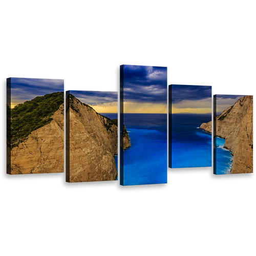 Coastal Serenade Canvas Print, Greece Blue Sky Navagio Beach 5 Piece Canvas Set, Brown Zakynthos Island Mountains Wall Art