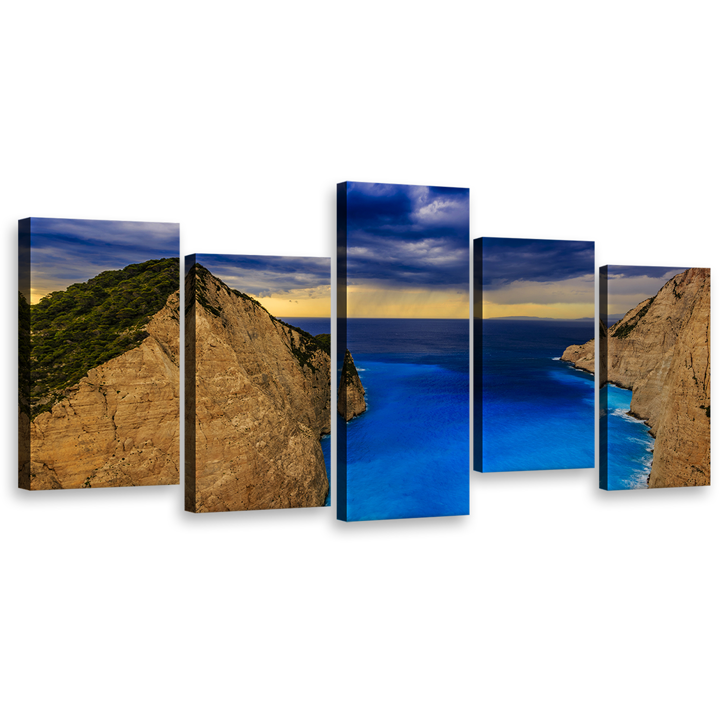 Coastal Serenade Canvas Print, Greece Blue Sky Navagio Beach 5 Piece Canvas Set, Brown Zakynthos Island Mountains Wall Art