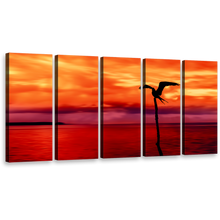 Load image into Gallery viewer, Coastal Tranquility Canvas Print, Tranquil Orange Sky Red Sea 5 Piece Multiple Canvas, Flying Bird Silhouette Wall Art
