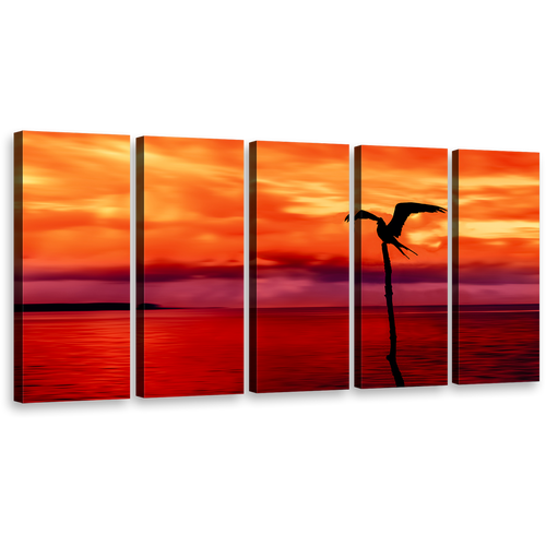 Coastal Tranquility Canvas Print, Tranquil Orange Sky Red Sea 5 Piece Multiple Canvas, Flying Bird Silhouette Wall Art