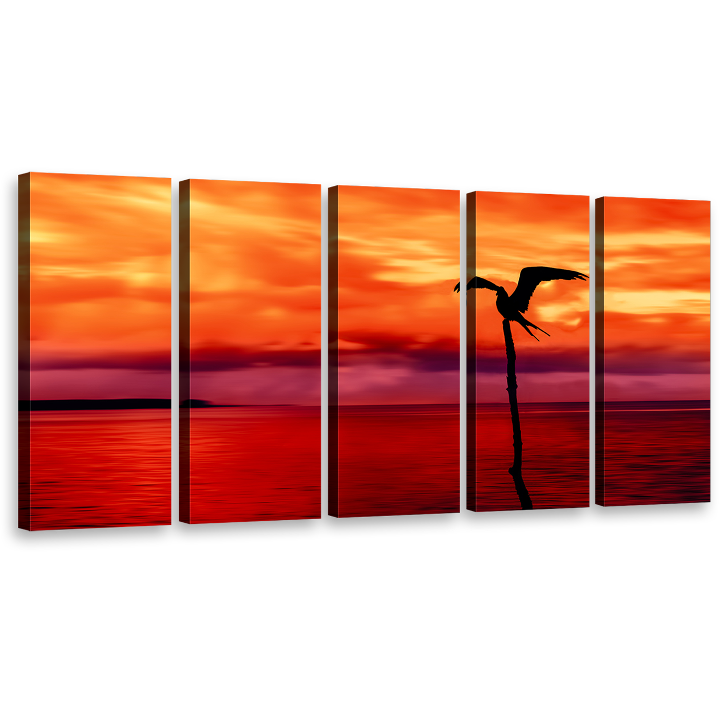 Coastal Tranquility Canvas Print, Tranquil Orange Sky Red Sea 5 Piece Multiple Canvas, Flying Bird Silhouette Wall Art