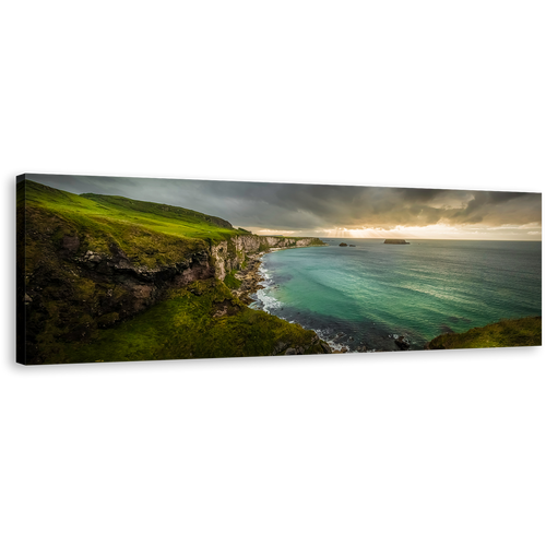 Coastline Ocean Canvas Wall Art, Ballintoy Green Ocean 1 Piece Canvas Print, Cloudy Yellow Sunset Sea Canvas Artwork