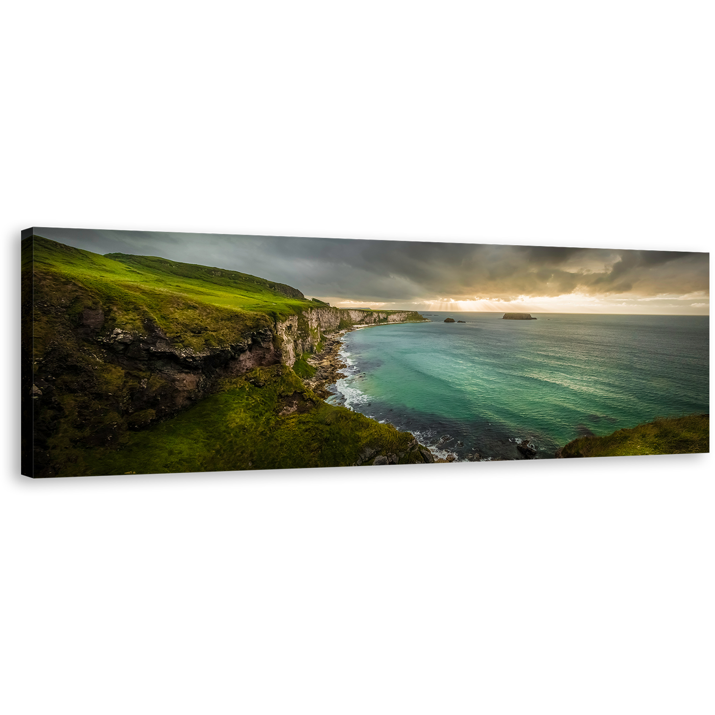 Coastline Ocean Canvas Wall Art, Ballintoy Green Ocean 1 Piece Canvas Print, Cloudy Yellow Sunset Sea Canvas Artwork