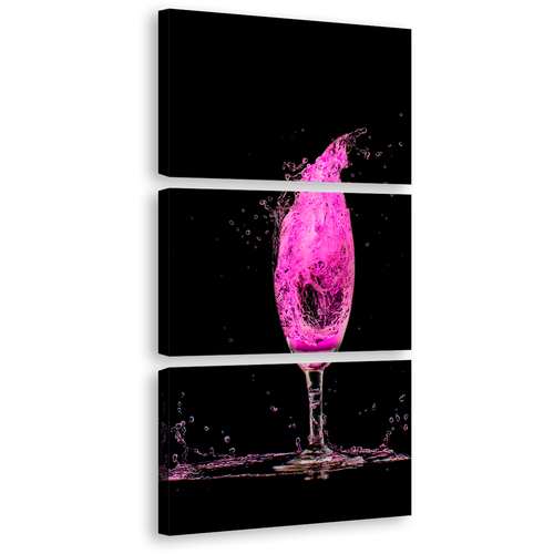 Cocktail Explosion Canvas Wall Art, Purple Cocktail Splash 3 Piece Canvas Set, Black Background Cocktail Art Print