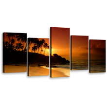 Load image into Gallery viewer, Coconut Palms Wall Art, Orange Sunset Serenade Tropical Seascape Canvas Print, Sri Lanka Ocean Beach 5 Piece Multiple Canvas
