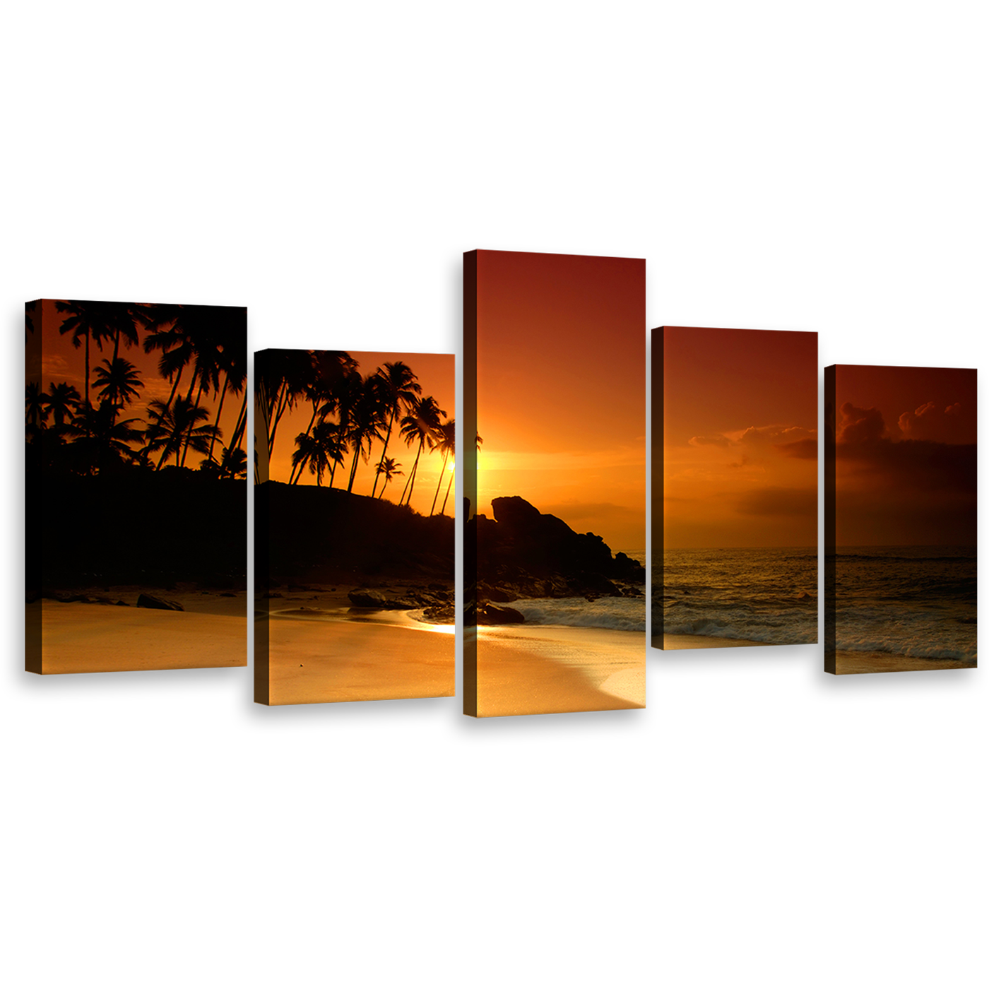 Coconut Palms Wall Art, Orange Sunset Serenade Tropical Seascape Canvas Print, Sri Lanka Ocean Beach 5 Piece Multiple Canvas