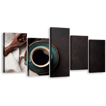 Load image into Gallery viewer, Coffee Beans Canvas Wall Art, Brown Coffee Background 5 Piece Multiple Canvas, Black Coffee Cup and Beans Canvas Print
