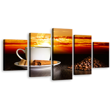 Load image into Gallery viewer, Coffee Beans Canvas Wall Art, Coffee Cinnamon Sticks Canvas Print, Cup Saucer Yellow Sunset 5 Piece Multi Canvas Artwork
