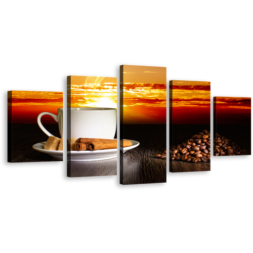 Coffee Beans Canvas Wall Art, Coffee Cinnamon Sticks Canvas Print, Cup Saucer Yellow Sunset 5 Piece Multi Canvas Artwork