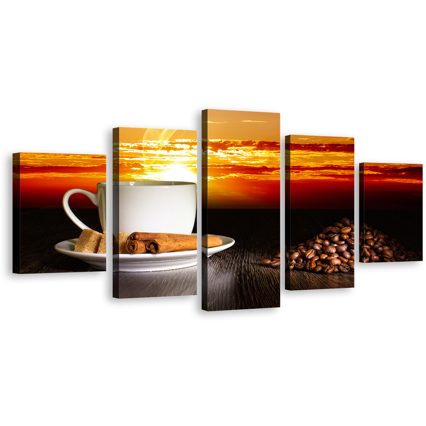 Coffee Beans Canvas Wall Art, Coffee Cinnamon Sticks Canvas Print, Cup Saucer Yellow Sunset 5 Piece Multi Canvas Artwork