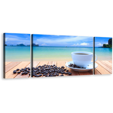 Load image into Gallery viewer, Coffee Beans Wall Art, Blue Ocean Clouds Multiple Canvas, White Cup 3 Piece Canvas Print
