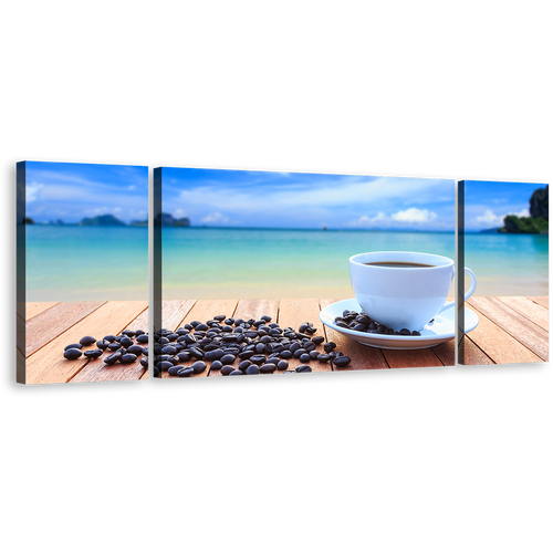 Coffee Beans Wall Art, Blue Ocean Clouds Multiple Canvas, White Cup 3 Piece Canvas Print