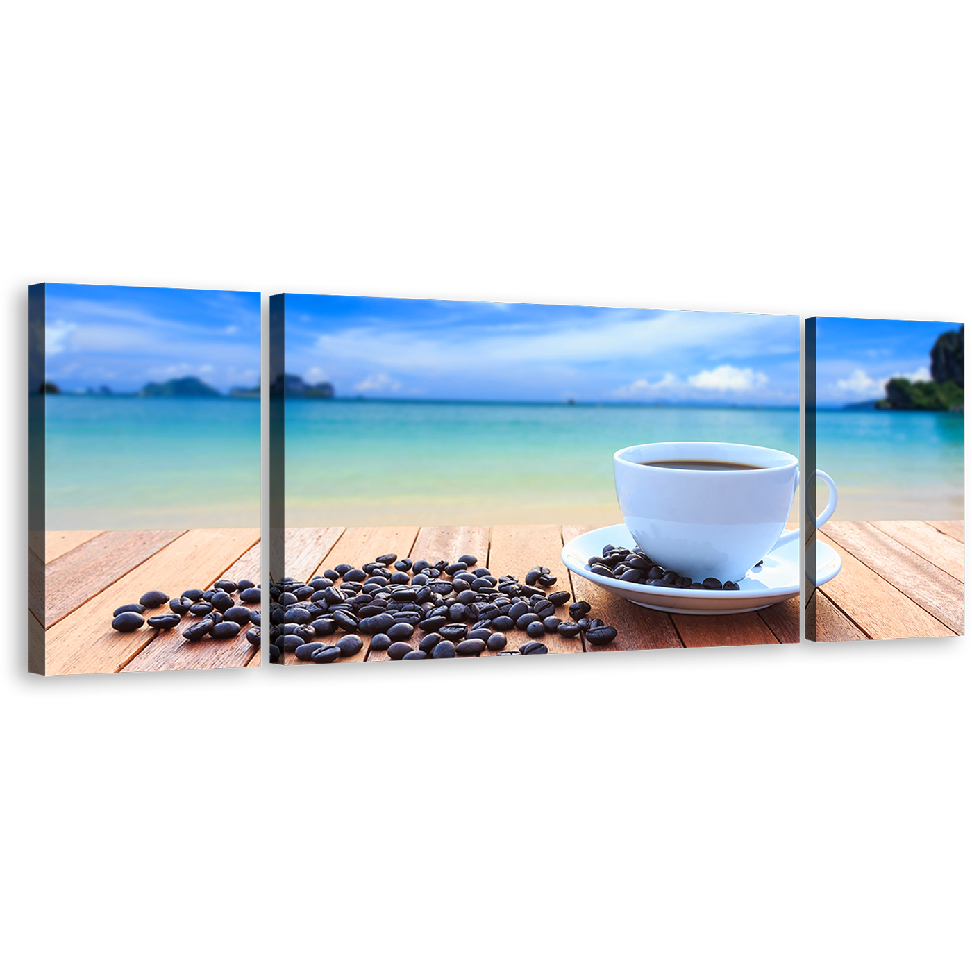 Coffee Beans Wall Art, Blue Ocean Clouds Multiple Canvas, White Cup 3 Piece Canvas Print