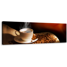 Load image into Gallery viewer, Coffee Beans Wall Art, Brown Cinnamon Sticks Canvas Print, White Cup Of Hot Coffee Panoramic Canvas Art
