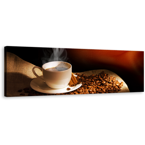 Coffee Beans Wall Art, Brown Cinnamon Sticks Canvas Print, White Cup Of Hot Coffee Panoramic Canvas Art