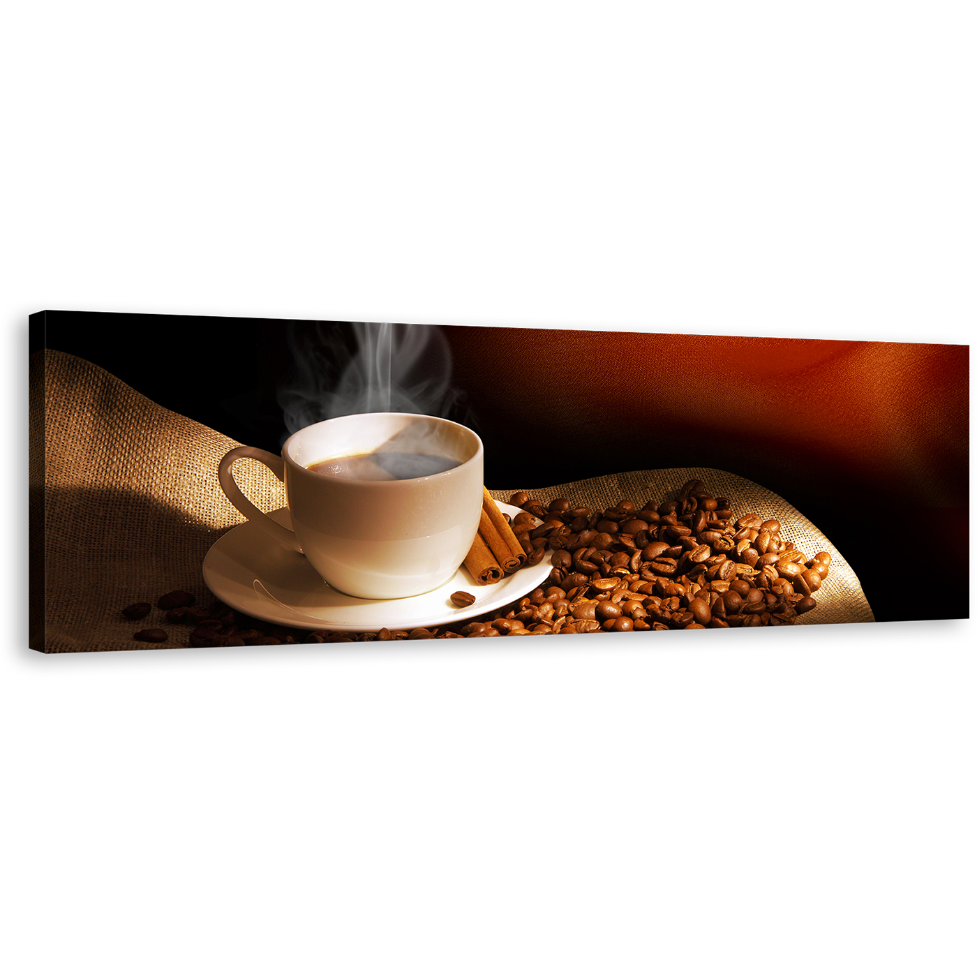 Coffee Beans Wall Art, Brown Cinnamon Sticks Canvas Print, White Cup Of Hot Coffee Panoramic Canvas Art