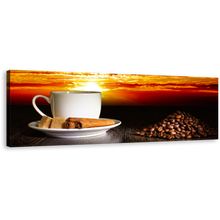 Load image into Gallery viewer, Coffee Canvas Wall Art, Cup Saucer Orange Red Sky 1 Piece Canvas Print, Brown Coffee Beans Cinnamon Sticks Canvas Artwork
