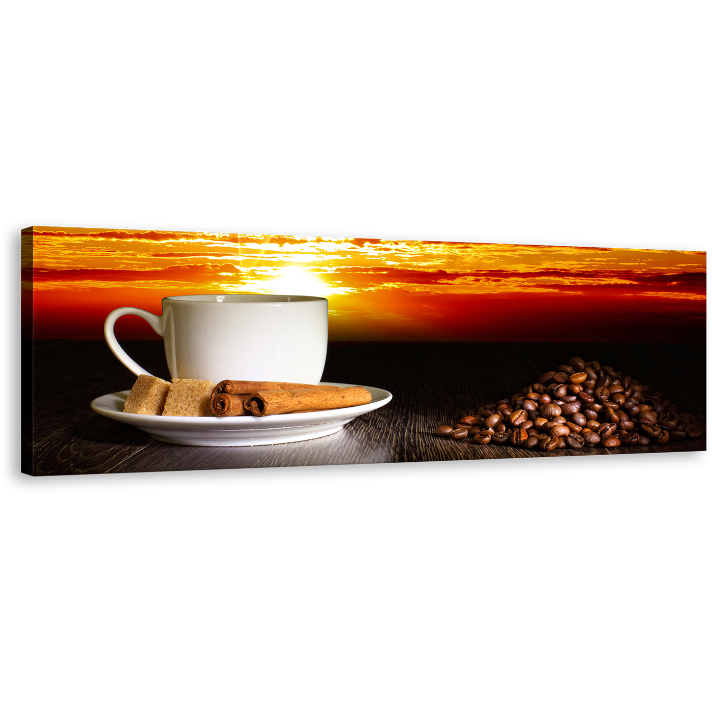 Coffee Canvas Wall Art, Cup Saucer Orange Red Sky 1 Piece Canvas Print, Brown Coffee Beans Cinnamon Sticks Canvas Artwork