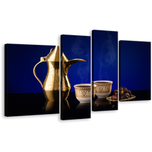 Load image into Gallery viewer, Coffee Culture Canvas Print, Blue Background Coffee Cups 4 Piece Wall Art, Golden Arabian Coffee Teapot Digital Multiple Canvas
