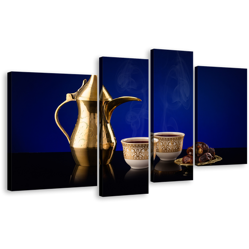 Coffee Culture Canvas Print, Blue Background Coffee Cups 4 Piece Wall Art, Golden Arabian Coffee Teapot Digital Multiple Canvas