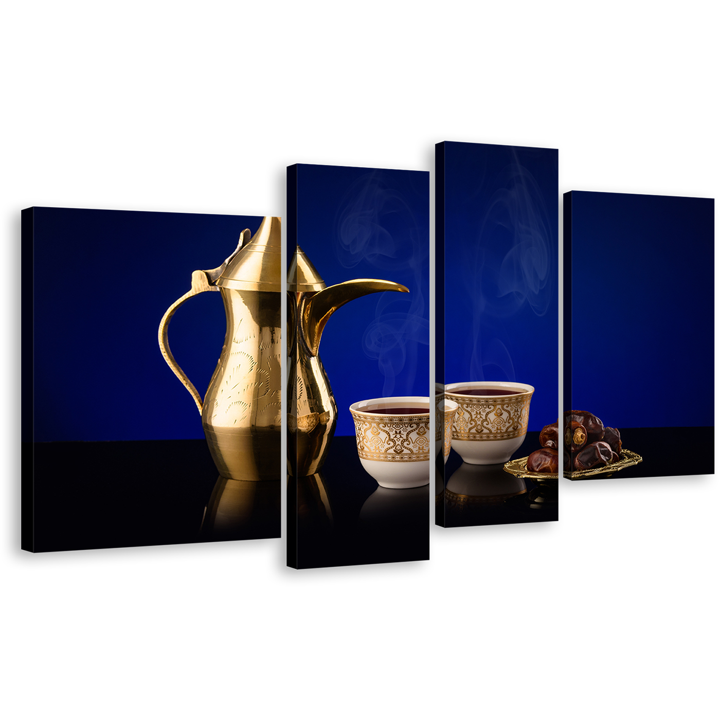 Coffee Culture Canvas Print, Blue Background Coffee Cups 4 Piece Wall Art, Golden Arabian Coffee Teapot Digital Multiple Canvas