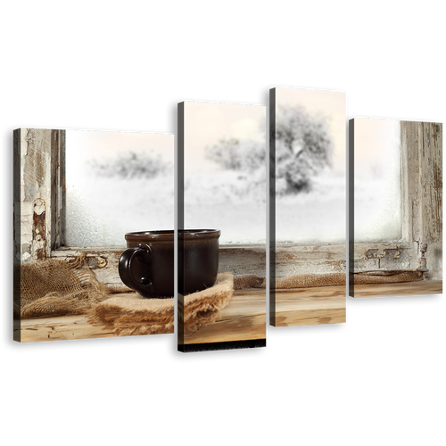 Coffee Cup Canvas Print, Black Mug 4 Piece Wall Art, White Coffee Background Multiple Canvas