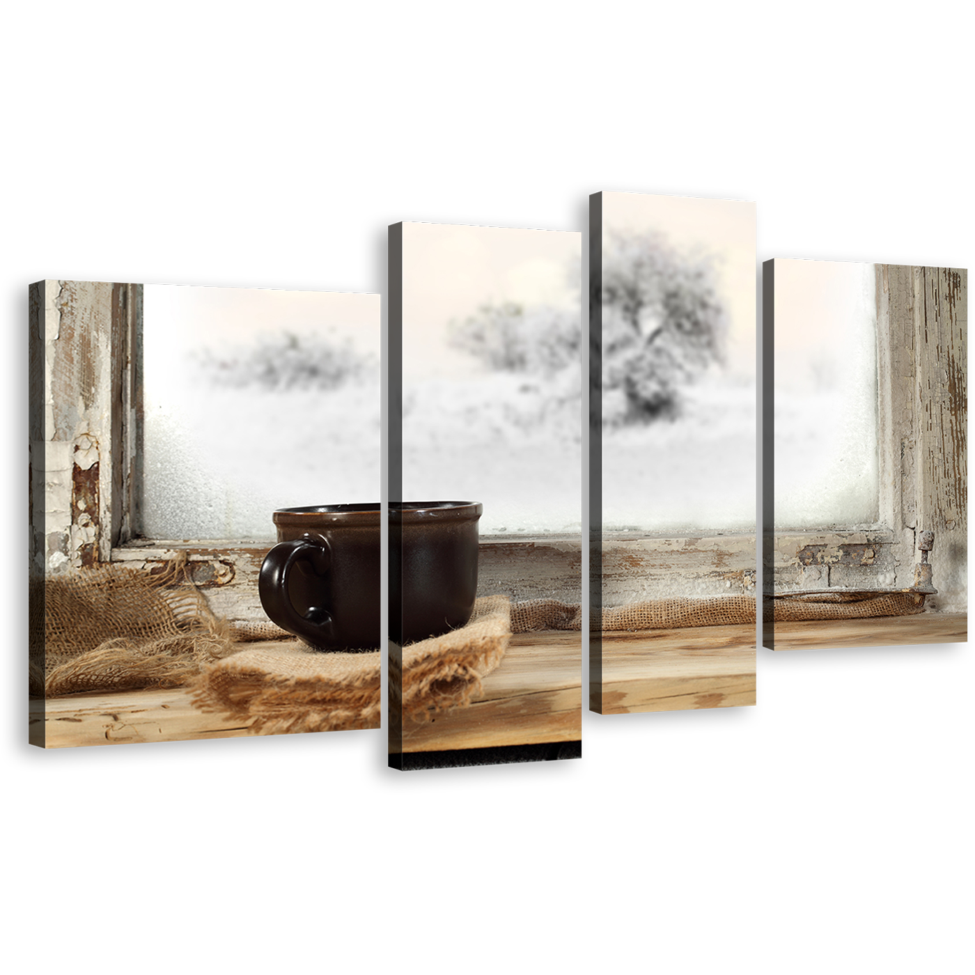 Coffee Cup Canvas Print, Black Mug 4 Piece Wall Art, White Coffee Background Multiple Canvas