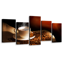 Load image into Gallery viewer, Coffee Cup Canvas Print, Hot Coffee Brown Cinnamon Sticks 5 Piece Wall Art, White Cup Beans Multiple Canvas
