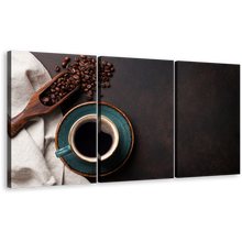 Load image into Gallery viewer, Coffee Cup Canvas Wall Art, Black Coffee Mug From Above Canvas Print, Brown Coffee Beans Canvas Photography 3 Piece Canvas Set
