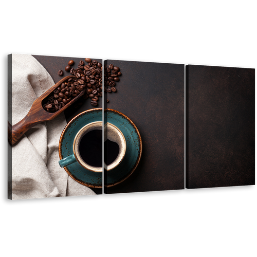 Coffee Cup Canvas Wall Art, Black Coffee Mug From Above Canvas Print, Brown Coffee Beans Canvas Photography 3 Piece Canvas Set