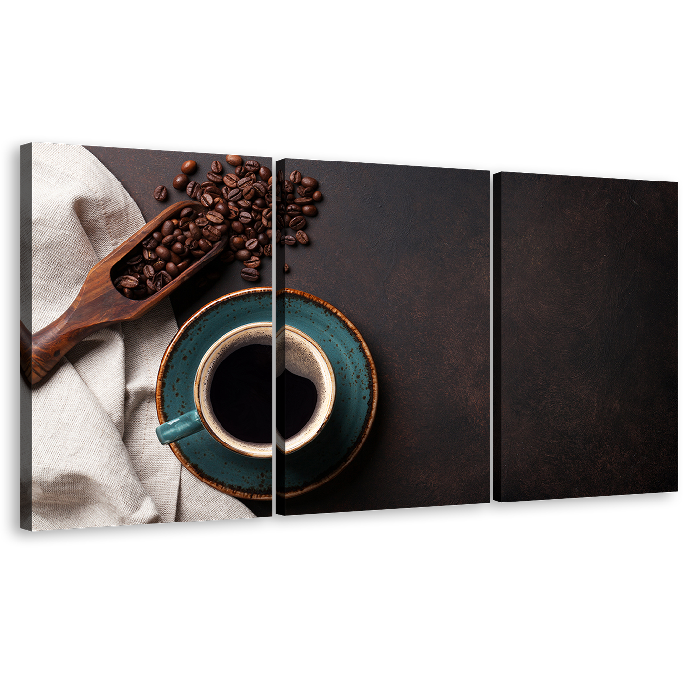 Coffee Cup Canvas Wall Art, Black Coffee Mug From Above Canvas Print, Brown Coffee Beans Canvas Photography 3 Piece Canvas Set