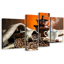 Load image into Gallery viewer, Coffee Cup Canvas Wall Art, Brown Coffee Beans Canvas Set, White Coffee Cup 4 Piece Canvas Print
