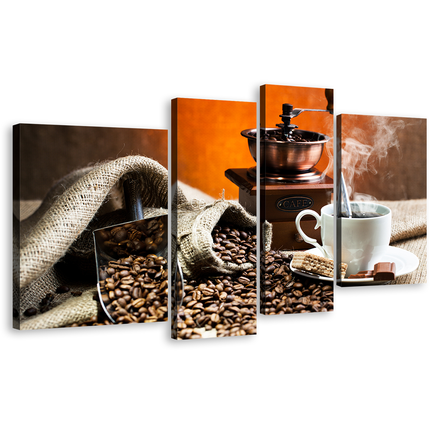 Coffee Cup Canvas Wall Art, Brown Coffee Beans Canvas Set, White Coffee Cup 4 Piece Canvas Print