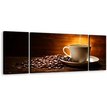 Load image into Gallery viewer, Coffee Cup Canvas Wall Art, Brown Coffee Beans Multiple Canvas, White Coffee Mug Smoke 3 Piece Canvas Print
